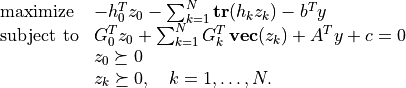 \newcommand{\Tr}{\mathop{\mathbf{tr}}}
\newcommand{\svec}{\mathop{\mathbf{vec}}}
\begin{array}[t]{ll}
\mbox{maximize}   & -h_0^Tz_0 - \sum_{k=1}^N \Tr(h_kz_k) - b^Ty \\
\mbox{subject to} & G_0^Tz_0 + \sum_{k=1}^N G_k^T \svec(z_k) +
                     A^T y + c = 0 \\
                  & z_0 \succeq 0 \\
                  & z_k \succeq 0, \quad k=1,\ldots,N.
\end{array}