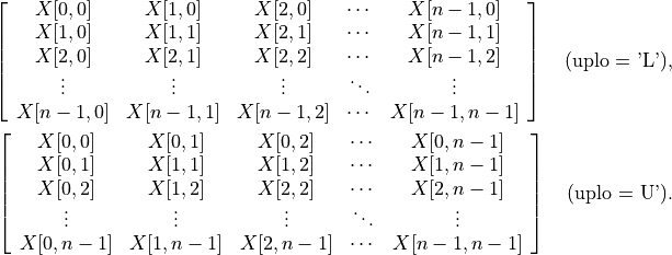 \left[\begin{array}{ccccc}
    X[0,0]   & X[1,0]   & X[2,0]   & \cdots & X[n-1,0] \\
    X[1,0]   & X[1,1]   & X[2,1]   & \cdots & X[n-1,1] \\
    X[2,0]   & X[2,1]   & X[2,2]   & \cdots & X[n-1,2] \\
    \vdots   & \vdots   & \vdots   & \ddots & \vdots \\
    X[n-1,0] & X[n-1,1] & X[n-1,2] & \cdots & X[n-1,n-1]
\end{array}\right] \quad \mbox{(uplo = 'L')},

\left[\begin{array}{ccccc}
    X[0,0]   & X[0,1]   & X[0,2]   & \cdots & X[0,n-1] \\
    X[0,1]   & X[1,1]   & X[1,2]   & \cdots & X[1,n-1] \\
    X[0,2]   & X[1,2]   & X[2,2]   & \cdots & X[2,n-1] \\
    \vdots   & \vdots   & \vdots   & \ddots & \vdots \\
    X[0,n-1] & X[1,n-1] & X[2,n-1] & \cdots & X[n-1,n-1]
\end{array}\right] \quad \mbox{(uplo = U')}.